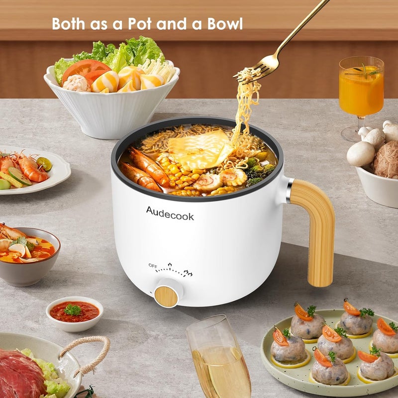 Audecook Hot Pot Electric with Steamer, 1.5L Portable Nonstick Rapid Noodles Cooker, Travel Electric Skillet with Dual Power Control for Ramen/Pasta/Soup/Steak/Egg/Oatmeal (White) - Image 3